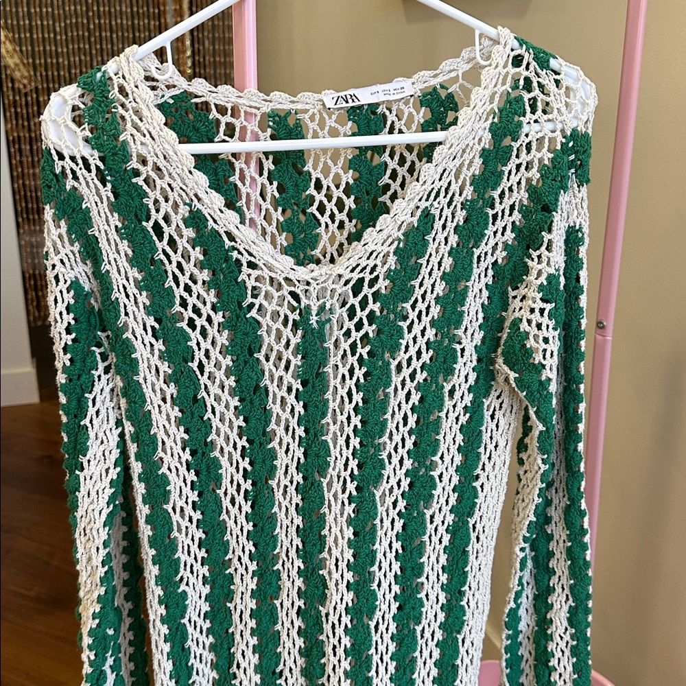 Zara Green and White Crochet Fringe Maxi Dress - Picture 3 of 4